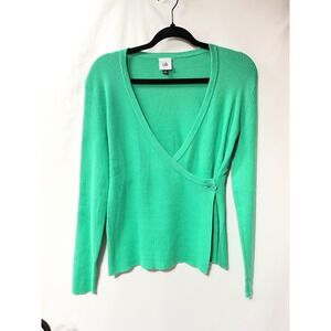 Cabi Women Green Ribbed Wrap Front V-Neck Long Sleeve Button Sweater Size S